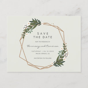 Boho Geometric Gold Frame Greenery Save the Date Announcement Postcard