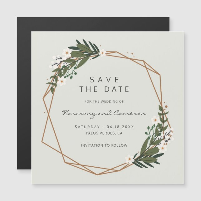 Boho Geometric Gold Frame Greenery Save the Date Magnetic Invitation (Front/Back)