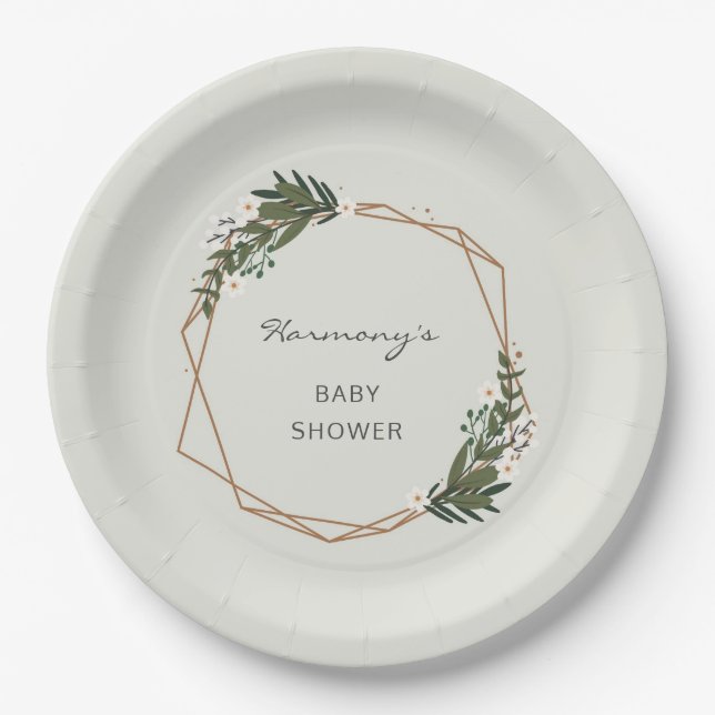 Boho Geometric Greenery Gender Neutral Baby Shower Paper Plate (Front)