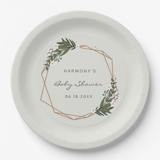Boho Geometric Greenery Gender Neutral Baby Shower Paper Plate (Front)