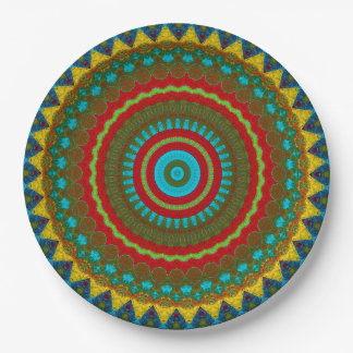 Boho Geometric Red Yellow Teal Cool Ethnic Tribal Paper Plate