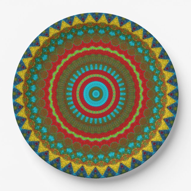  Boho Geometric Red Yellow Teal Cool Ethnic Tribal Paper Plate (Front)