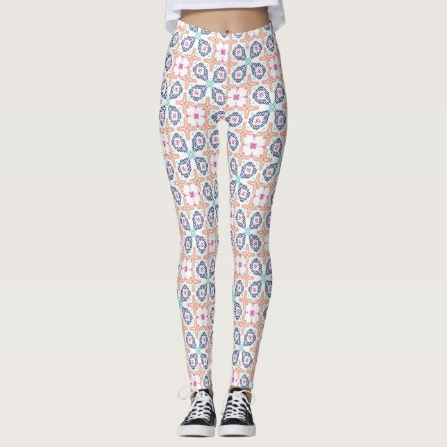 Boho Geometric Stitchwork Floral Seamless Leggings (Front)