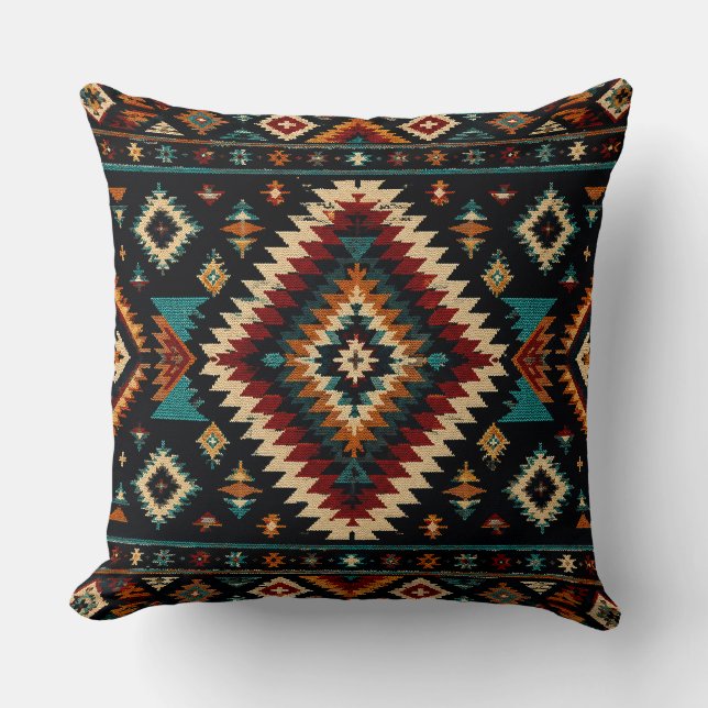 Boho Geometric Textile Pattern – Rustic Teal & Rus Cushion (Front)