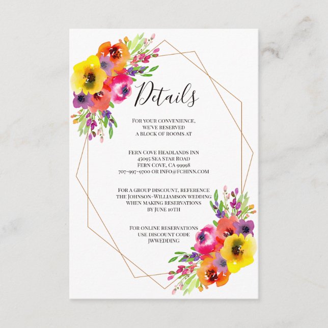 Boho Geometric Watercolor Floral Wedding Details Enclosure Card (Front)