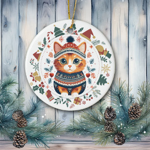 Boho Ginger Cat in Teal Winter Sweater Christmas Ceramic Tree Decoration