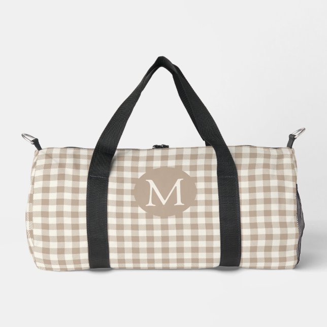 Boho Gingham Pattern Plaid Check Neutral Monogram Duffle Bag (Front)