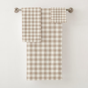 Boho Gingham Pattern Plaid Checkered Neutral Bath Towel Set