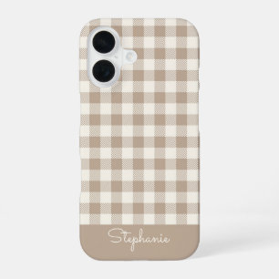 Boho Gingham Pattern Plaid Checkered Neutral Name iPhone 16 Case