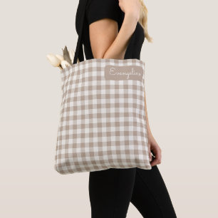 Boho Gingham Pattern Plaid Checkered Neutral Name Tote Bag