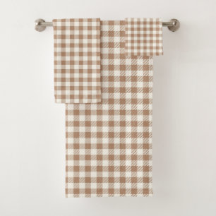 Boho Gingham Pattern Plaid Checkered Tan Brown Bath Towel Set