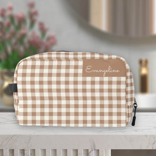 Boho Gingham Pattern Plaid Chequered Brown Name Dopp Kit (Creator Uploaded)