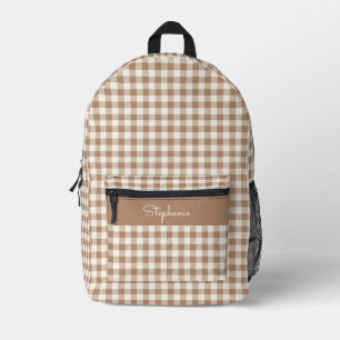 Boho Gingham Pattern Plaid Chequered Brown Name Printed Backpack