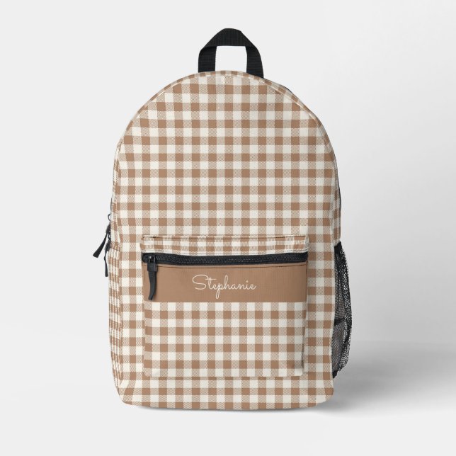 Boho Gingham Pattern Plaid Chequered Brown Name Printed Backpack (Front)