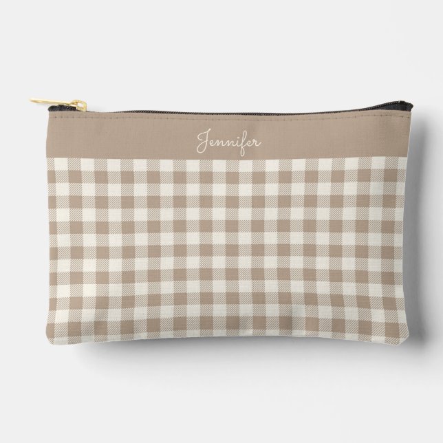 Boho Gingham Pattern Plaid Chequered Neutral Name Accessory Pouch (Front)