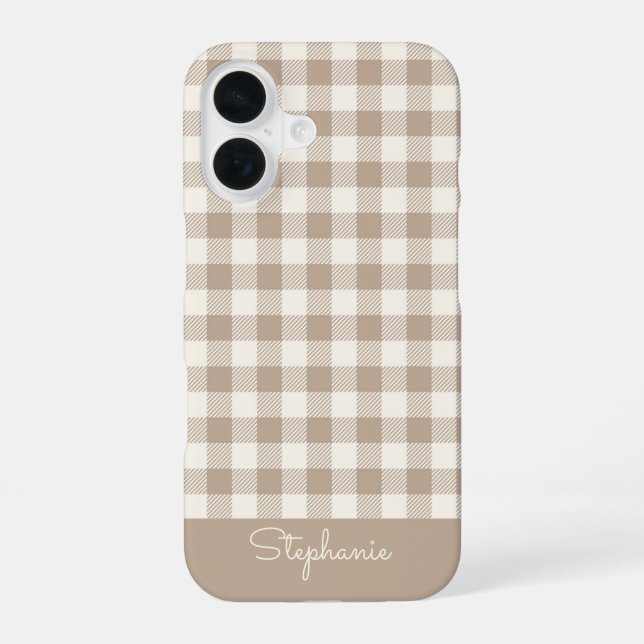 Boho Gingham Pattern Plaid Chequered Neutral Name iPhone 16 Case (Back)