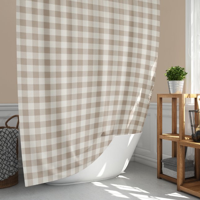 Boho Gingham Pattern Plaid Chequered Neutral Shower Curtain (Creator Uploaded)