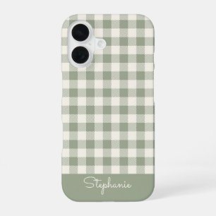 Boho Gingham Pattern Plaid Chequered Sage Name iPhone 16 Case