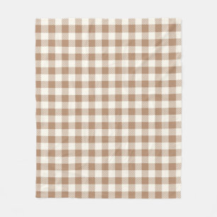 Boho Gingham Pattern Plaid Chequered Tan Brown Fleece Blanket