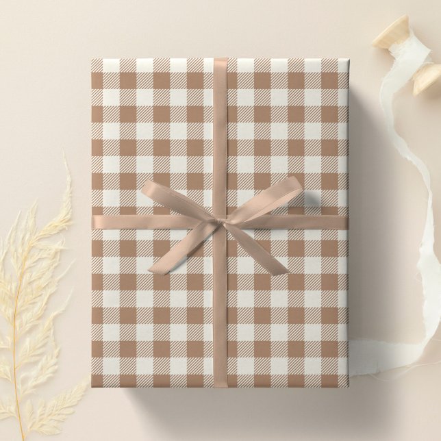 Boho Gingham Pattern Plaid Chequered Tan Brown Wrapping Paper (Creator Uploaded)