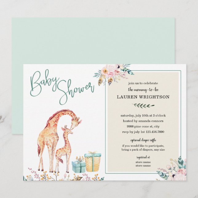 Boho Giraffe Baby Shower neutral gender invite (Front/Back)