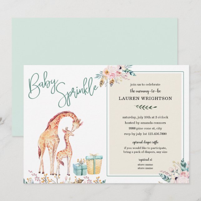 Boho Giraffe Baby Sprinkle neutral gender Invitation (Front/Back)