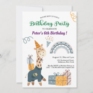 Boho Giraffe Blue Rainbow 6th Birthday Invitation