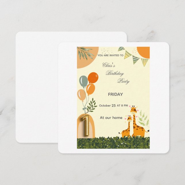 Boho Giraffe First Birthday Invitation  (Front/Back)