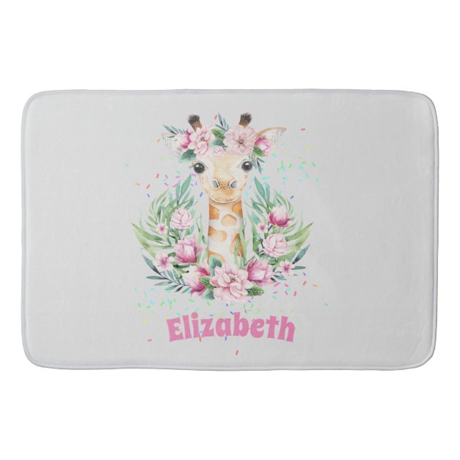 Boho Giraffe Flowers Named Girls, Teens Gifts Bath Mat (Front)