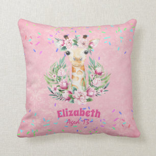 Boho Giraffe Flowers Named Girls, Teens Gifts Cushion