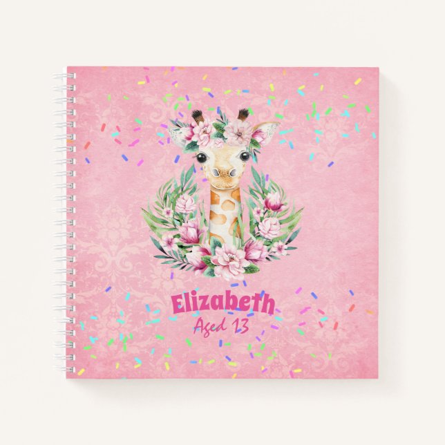 Boho Giraffe Flowers Named Girls, Teens Gifts Notebook (Front)