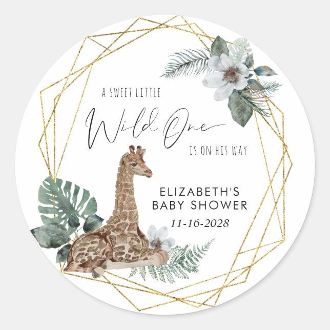 Boho Giraffe Watercolor Baby Shower Classic Round Sticker (Front)