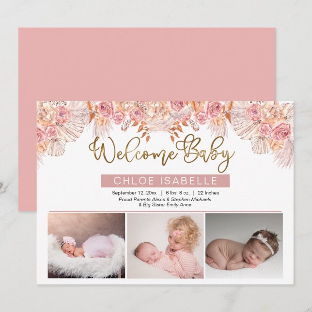 Boho Girl 3 Photo Pampas Grass | Rose Floral Birth Announcement (Front/Back)