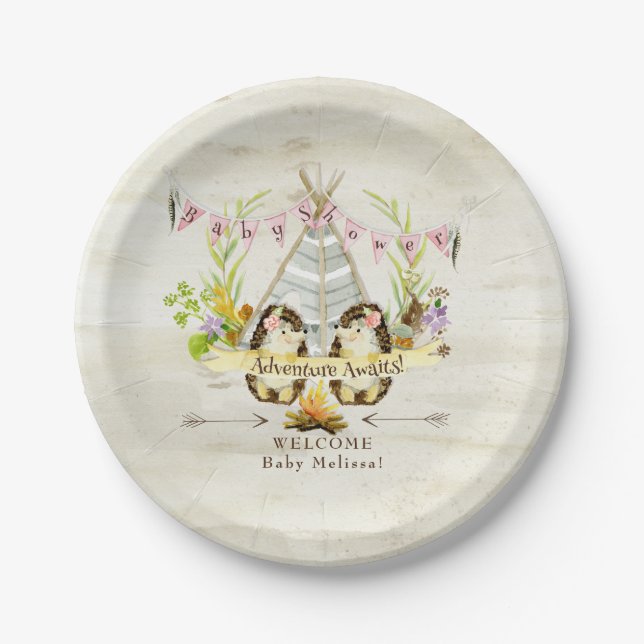 BOHO Girl Baby Shower Hedgehog Adventure Awaits Paper Plate (Front)
