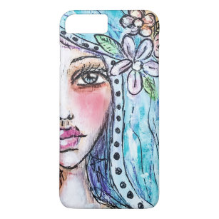 Boho Girl Flower Blue Hair Polka Dot Watercolor Case-Mate iPhone Case