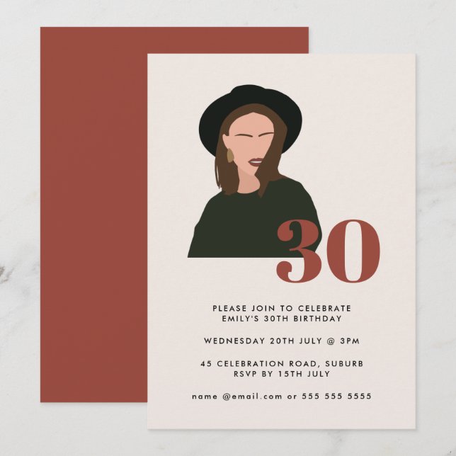 Boho Girl Mod Minimalist Terracotta 30th Birthday Invitation (Front/Back)