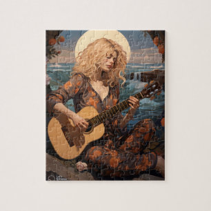 Boho Girl plays guitar at night Jigsaw Puzzle