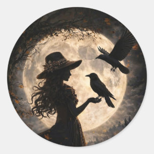 Boho Girl with Raven and Full Moon Classic Round Sticker