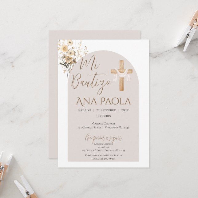 Boho girl's baptism with a bear in clouds invitation (Front/Back In Situ)