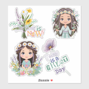 Boho Girls with Daisies Custom-Cut Vinyl Sticker