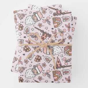 Boho Girly Pink Santa Christmas Doodles Wrapping Paper Sheet