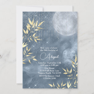 Boho Glam Blue, Silver, Gold Full Moon Birthday Invitation