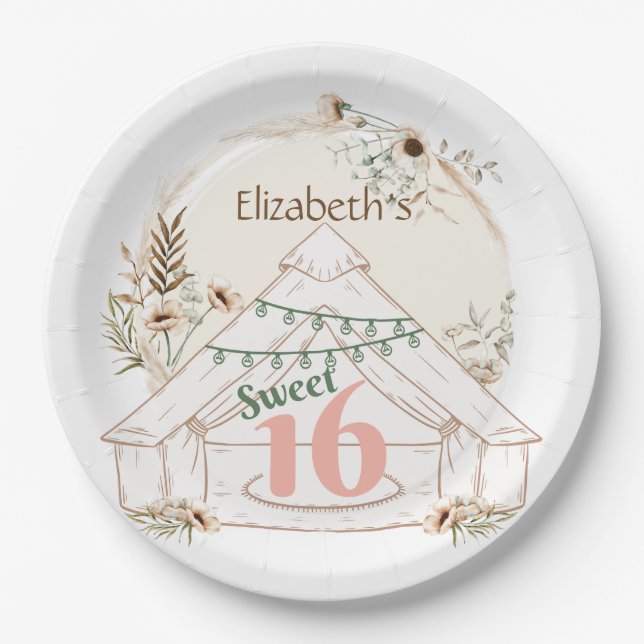 Boho Glamping Sweet 16 Birthday Party Paper Plates (Front)