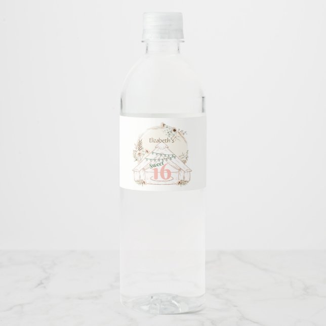 Boho Glamping Sweet 16 Birthday Water Bottle Label (Front)