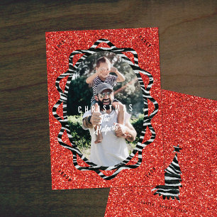 Boho Glitter & Zebra Print Oval Photo Christmas Holiday Card
