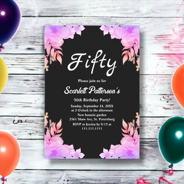Boho Glow Neon Colours Black Floral 50th Birthday Invitation (Creator Uploaded)