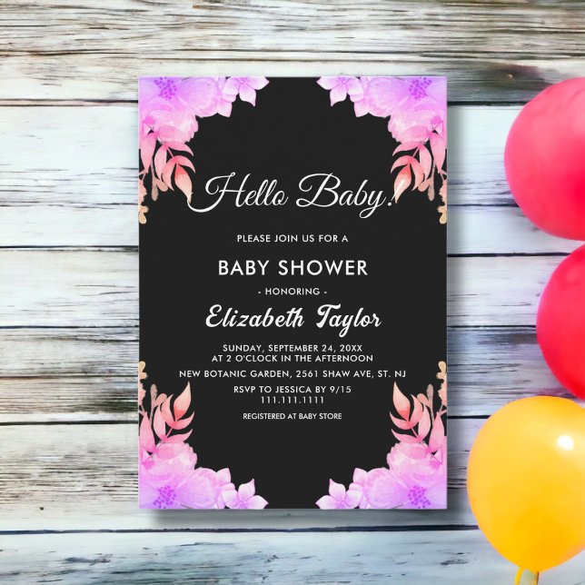 Boho Glow Neon Colours Black Floral Baby Shower Invitation (Creator Uploaded)
