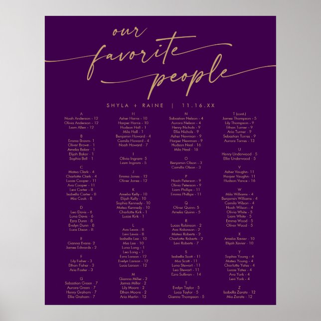 Boho Gold and Purple Printable Seating Chart (Front)