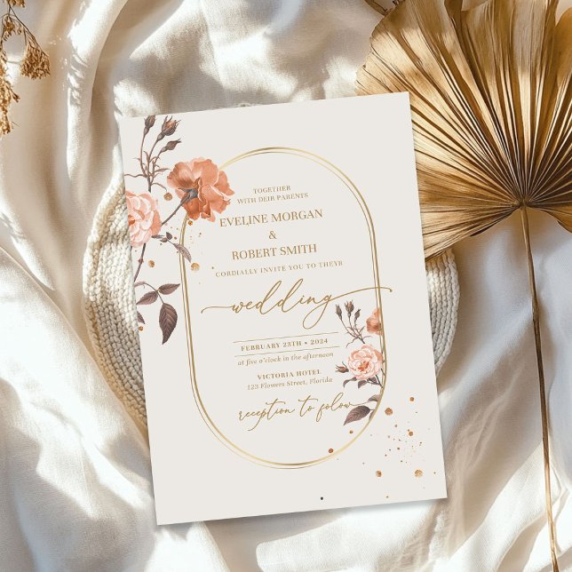 Boho gold arch watercolor rose brown hues leaves invitation (Boho gold arch watercolor rose brown hues leaves invitation)