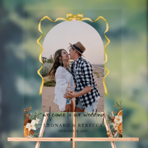 Boho gold bow greenery Wedding photo Acrylic Sign
